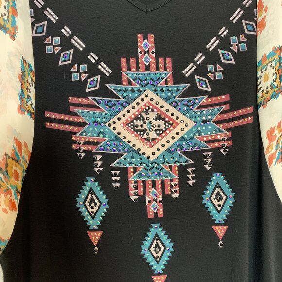 Vocal Black Aztec Top XL Boho Southwestern Studded V-Neck Kimono Sleeve USA - Picture 3 of 7